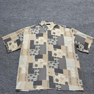 Monzini Collection Mens Button Up Shirt Size 3X Beige Geometric Short Sleeve